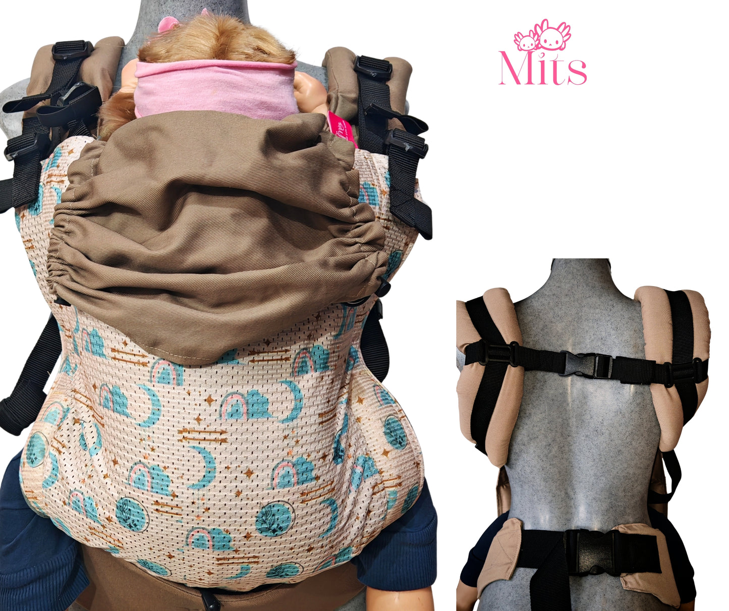 Mochila Ergonómica Talla  Baby Mod. Malla Lunas Beige
