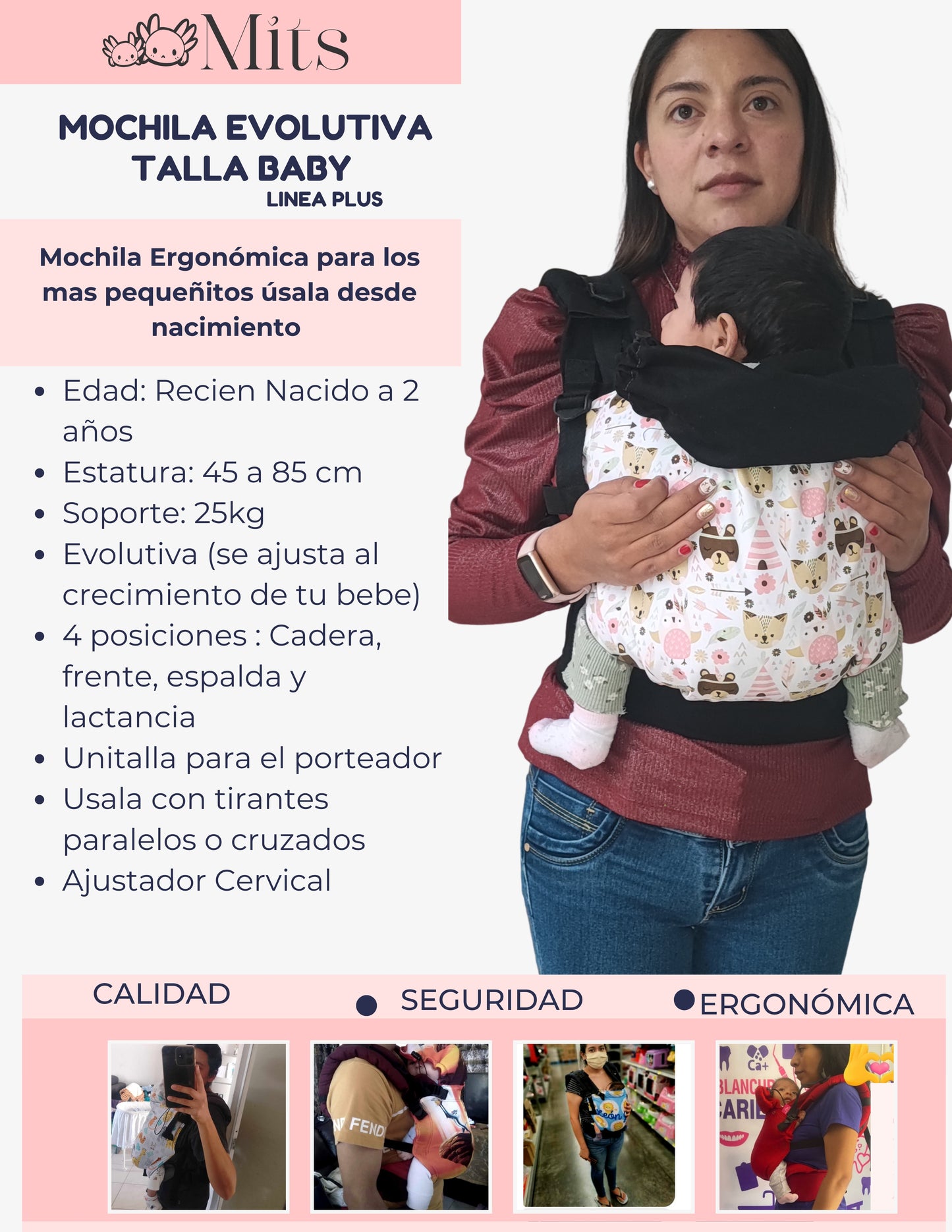 Mochila Ergonómica Talla  Baby Mod. Malla Conchas